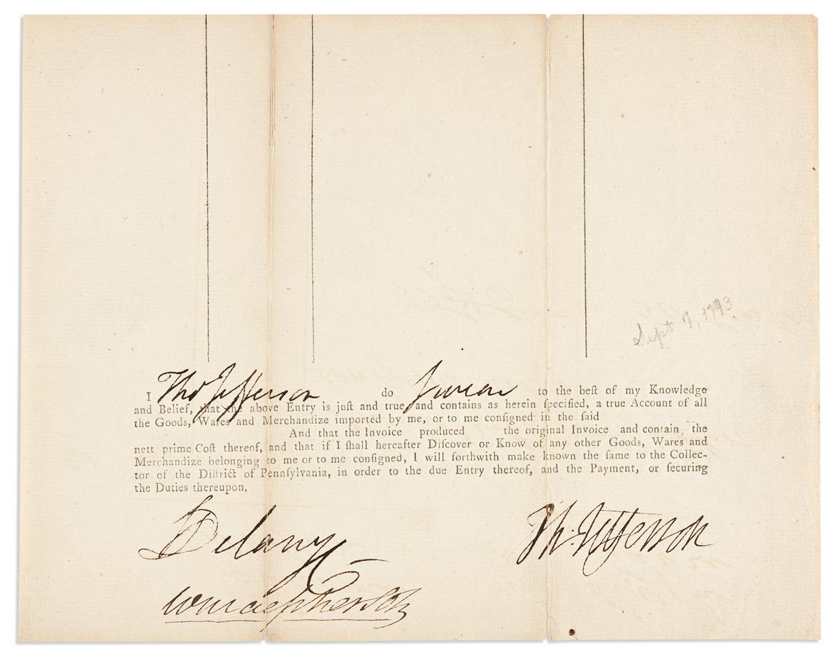 JEFFERSON, THOMAS. Partly-printed Document Signed, Th:Jefferson,